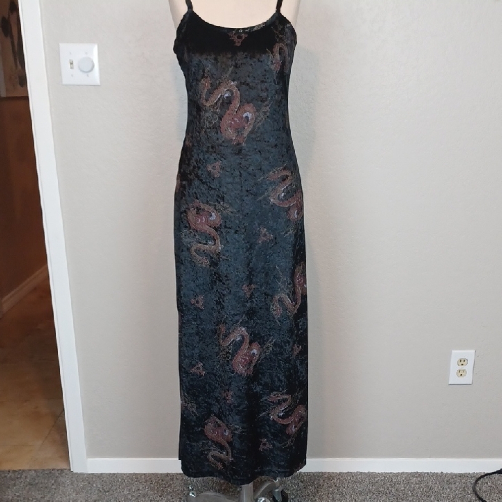 Vintage Goth Crushed Velvet Dragon Maxi Dress